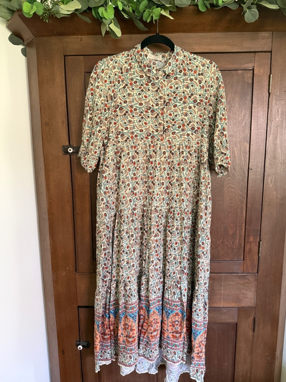 Rebecca Midi Dress with Floral Border in Ivory and Rust